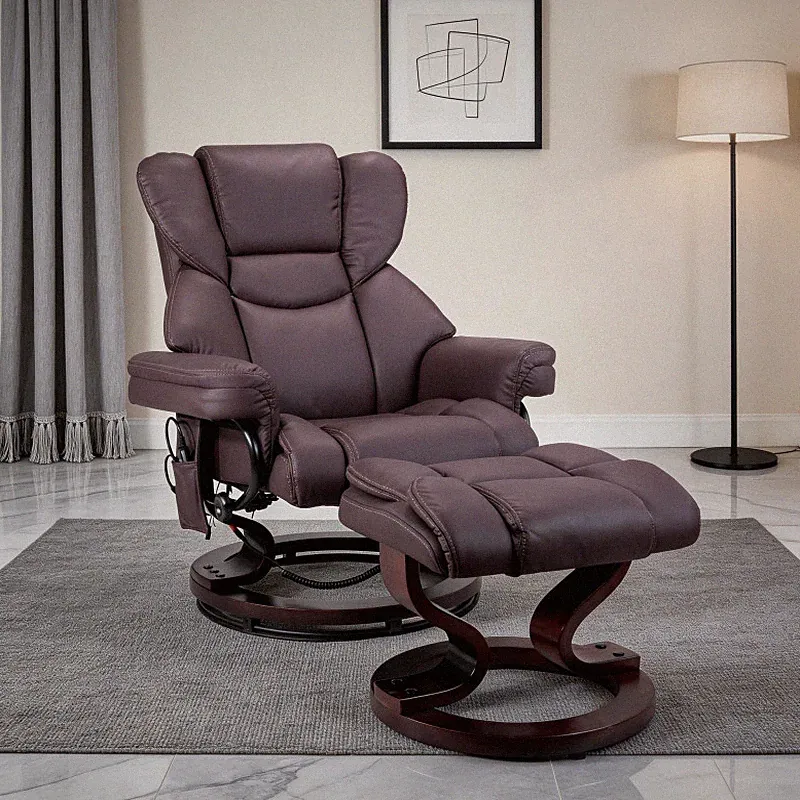 8-Point Massage Recliner with Ottoman Heated Faux Leather Swivel Chair 30 in Bro