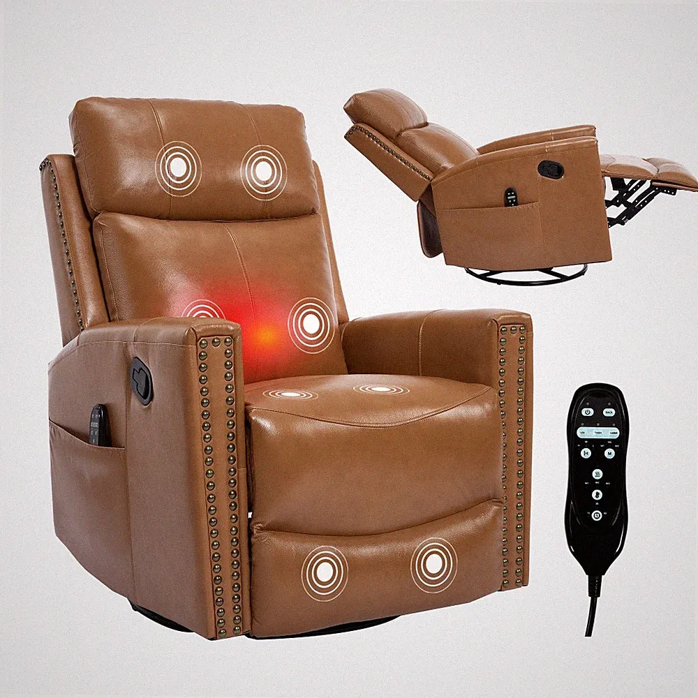 Massage Recliner Chair - Heated, Genuine Leather,Rocking & Swivel,Manual Recline
