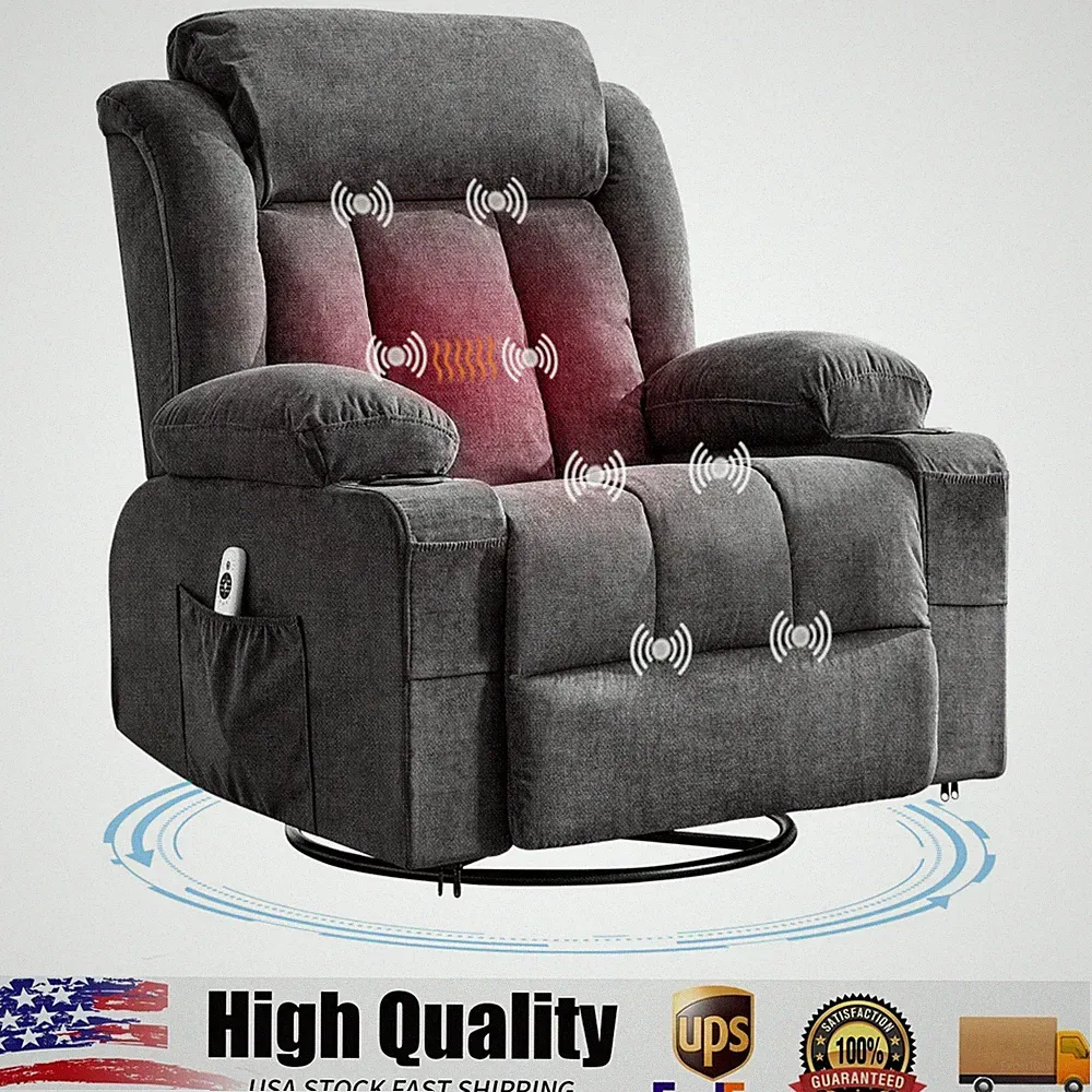 Oversized Recliner Chair with Heat & Massage, 360° Manual Swivel Rocker Recliner