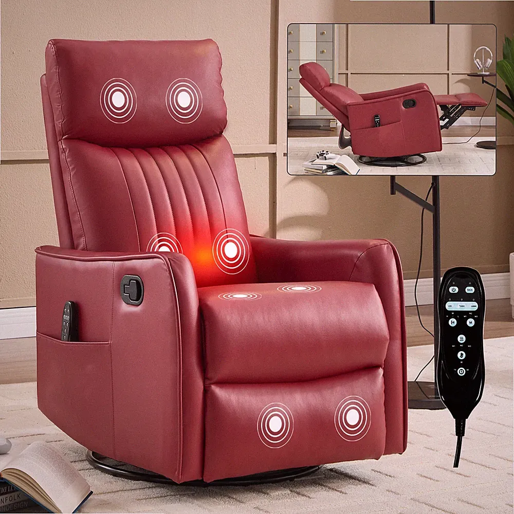 Red Faux Leather Massage Recliner Chair w/ Heat, Manual Recline, Rocker & Swivel