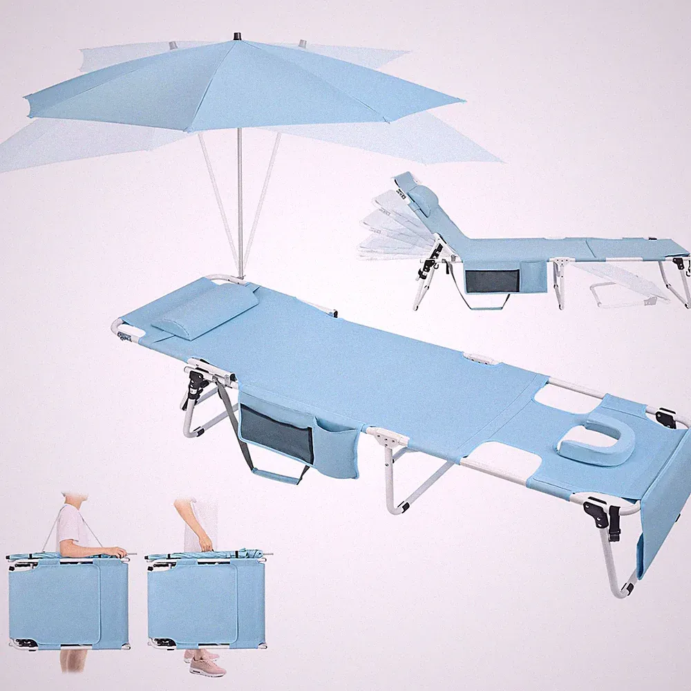 Tanning Chair with Umbrella UPF 50+ Adjustable, Heavy Duty Folding Chaise Lou...
