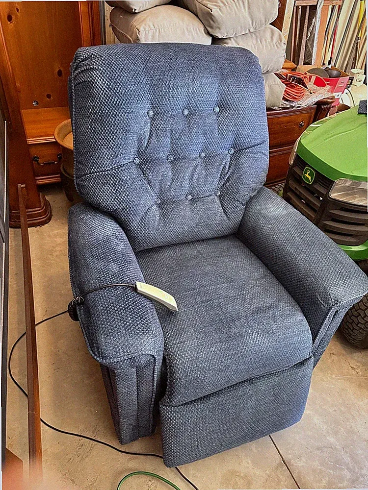 Used Pride Power Lift Recliner Chair - Blue, good condition. Has remote pendant.